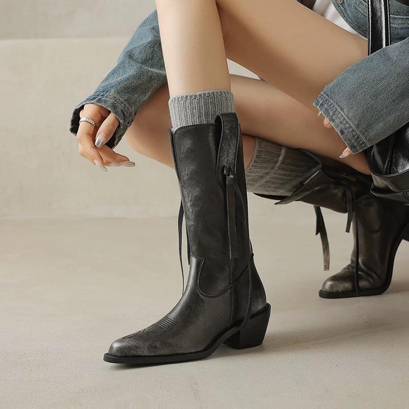 Deer Nara temperament pointed toe ins thick heel retro European and American western boots medium tube knight boots women's long boots autumn and wint