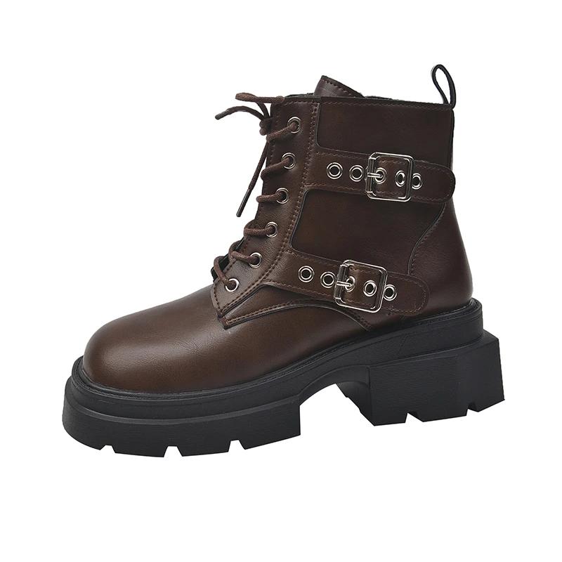 Ladies Shoes 2024 High Quality Side Zipper Women's Boots Fashion Front Lace-up Office and Career New Belt Buckle Ankle Boots