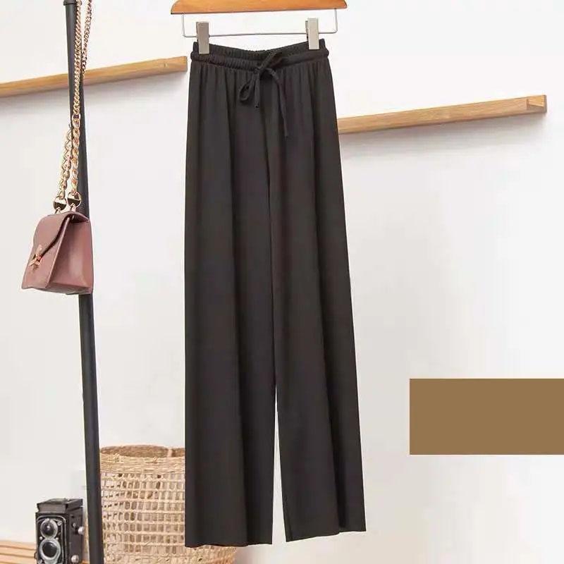 Ice Silk Pendant Wide Leg Pants Women's Spring and Summer Nine Points Straight Pants High Waist Slim Casual Pants Girls Loose Cool Pants