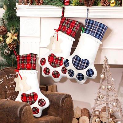 Handmade Dog Paw Plaid Christmas Stocking Gift Bags