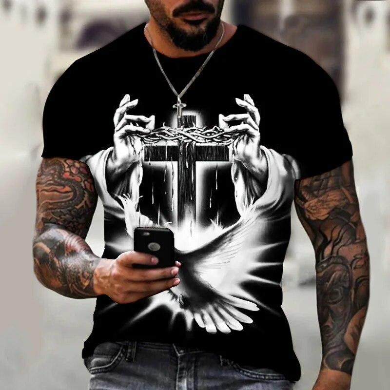 Bărbați Religie Jesus 3D Imprimat Casual Vintage Tricou cu mânecă scurtă Vară Bărbat Streetwear Topuri negre supradimensionate