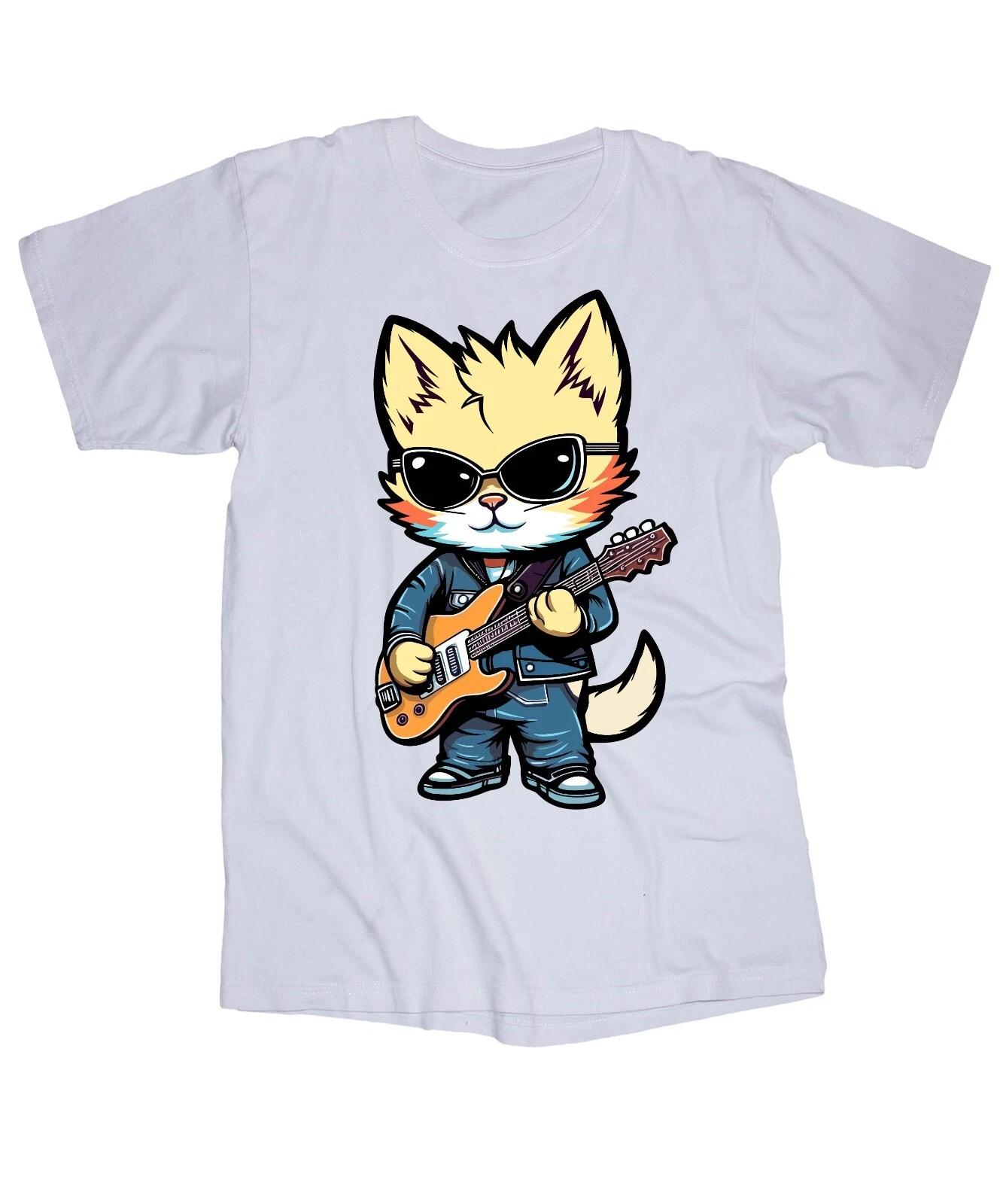 Kool Cat playing guitar white T-shirt Fun Cool Graphic Sunglasses Rock n Roll 4XL