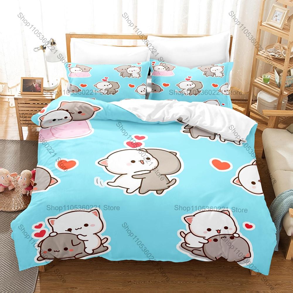 Personality Adorable Peach And Goma Cat Bedding Set New Sweet Couple Printed Duvet Cover Soft Bed Set For Girls Kids Room