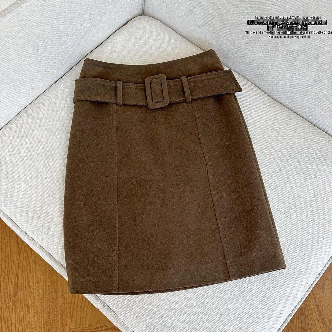 Women s Retro Suede Midi Skirt with Belt - Autumn/Winter New Arrival, High-Waisted, Versatile, Slimming, Loose Fit. Extra Large