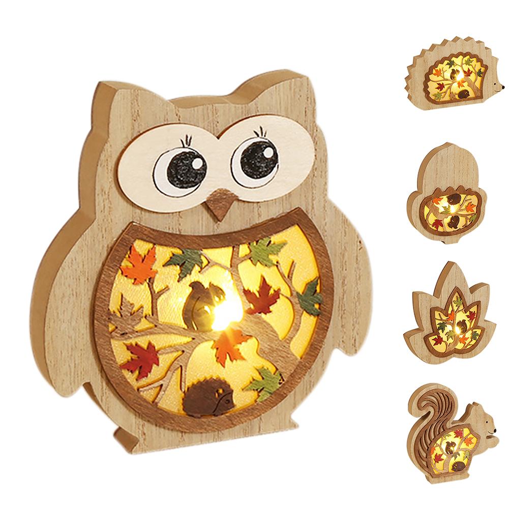 Wooden Ornaments With LED Light Squirrels Owls Hedgehogs Shape Carving Art Crafts Desktop Decoration For Thanksgiving Harvest Festival