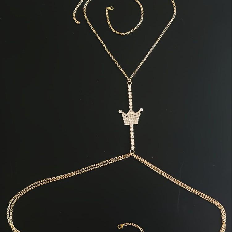 Chaîne de Corps en Diamant pour Femmes Chaîne de Cou Couronne en Strass Mode Européenne et Américaine Club de Nuit Chaîne de Poitrine Sexy