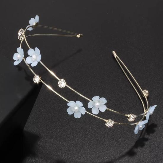 Fe Pige Hårbånd Dobbeltlags Design Hårbøjle med Blå Hvide Blomster Imitationsperler Rhinsten Bryllupper Fester Dating Hårpynt