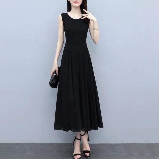 Women Sleeveless Midi Dress Summer Crew Neck Flowy Long Dress Beach Casual Pleated Swing Tank Dress