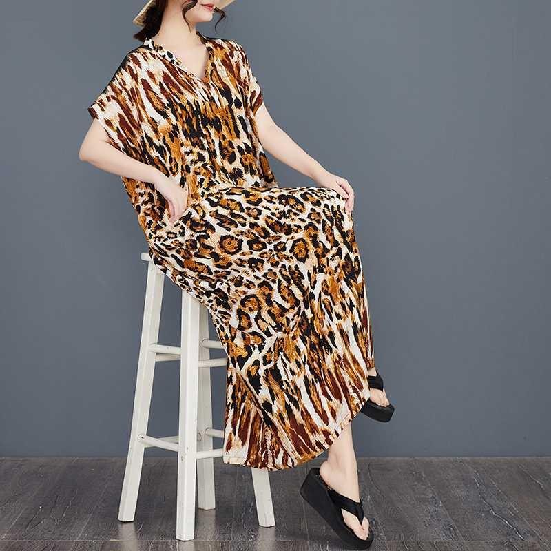Women's Leopard Print Boho Caftan Dress - Batwing Sleeve V-Neck Rayon Maxi, Flowy Loose Fit Beach