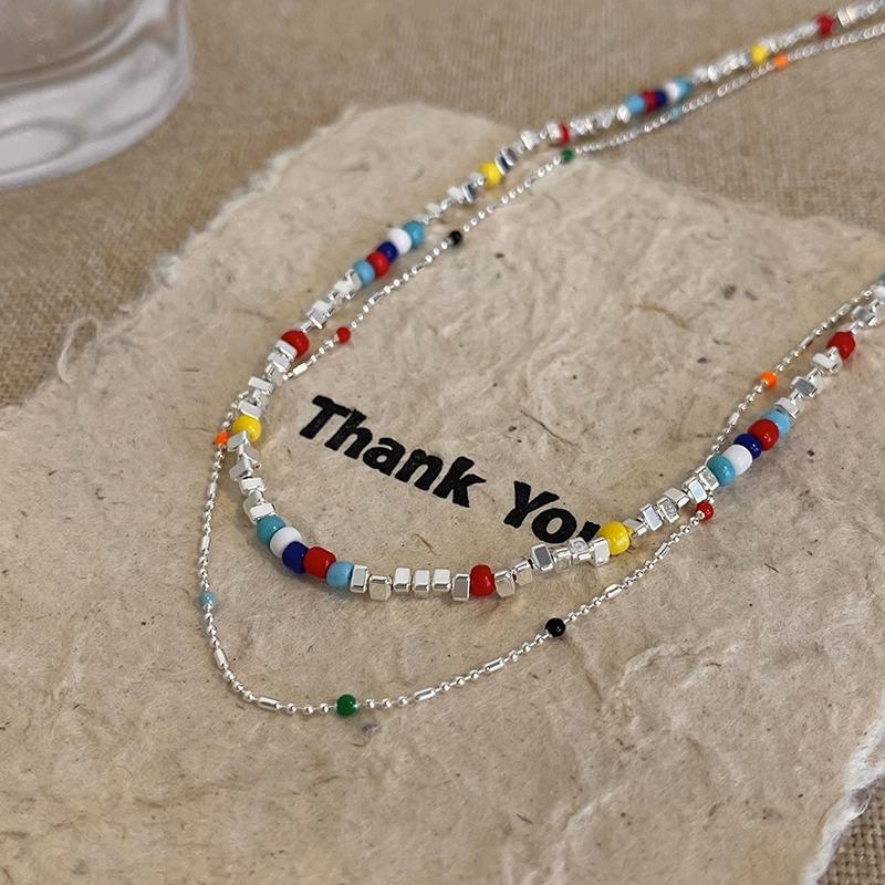 Dopamine Color Beaded Triangle Crushed Silver Necklace Women'S Light Luxury Niche Clavicle Chain Neck Chain Accessories