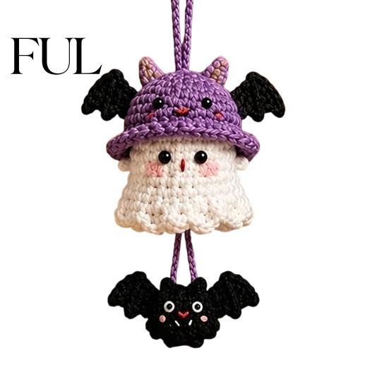 Hand Woven Ghost Decor Halloween Crochet Hanging Decoration, Handmade Ornament for Car Knitted Bag Charm Rearview Mirror, Knit Yarn Pendant