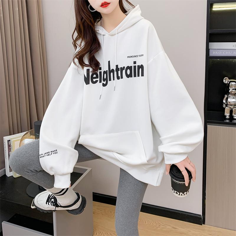 Women's Hooded Long Sleeve Oversized Casual Top Color Block Denim Splicing Letter Print Loose Fashion Hoodie Blouse