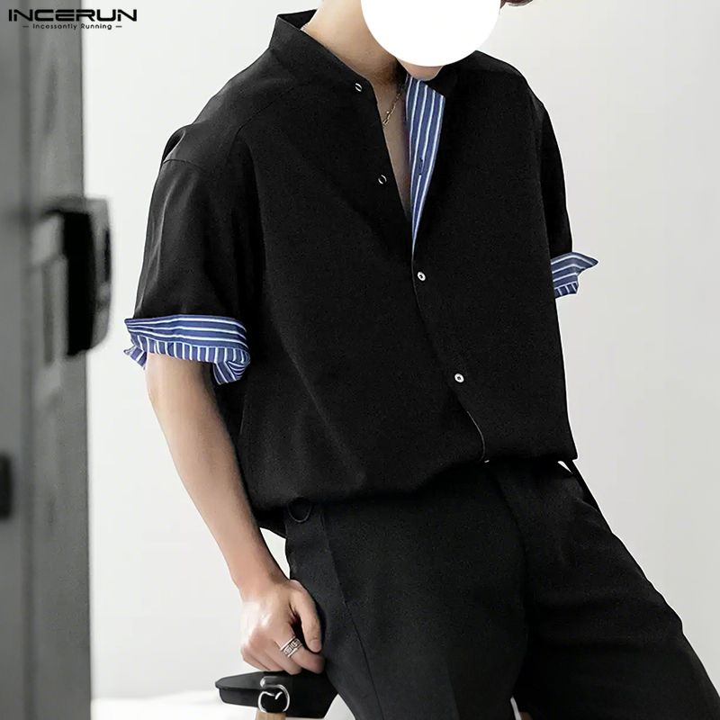 INCERUN Oversized Men Casual Loose Half Sleeve Striped Patchwork Buttons Up Shirts