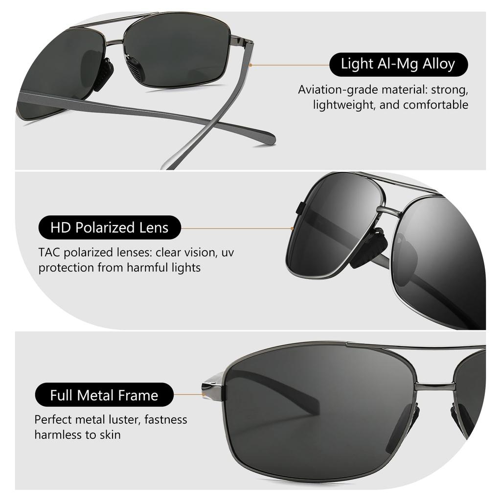SUNGAIT Square Polarized Sunglasses with Metal UV400 and Case Men's Ultra-Lightweight Frame, Protection,