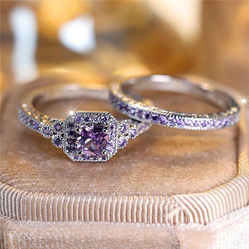 Luxury Female Crystal Purple Zircon Stone Engagement Ring Set Cute Wedding Jewelry For Women