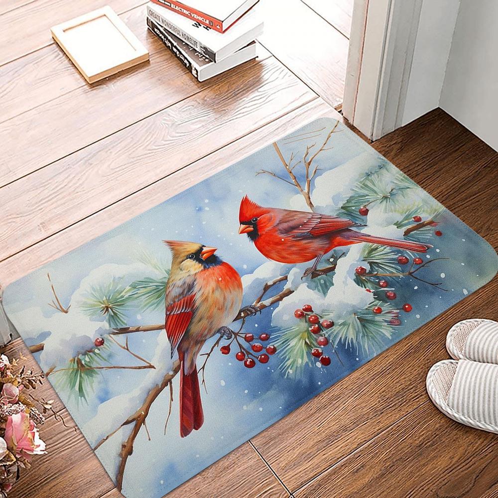 Winter Pine Cone Cardinal Birds Doormat Anti-Slip Entryway Rug Washable Bedroom Kitchen Bath Mat Polyester Home Decor Carpet