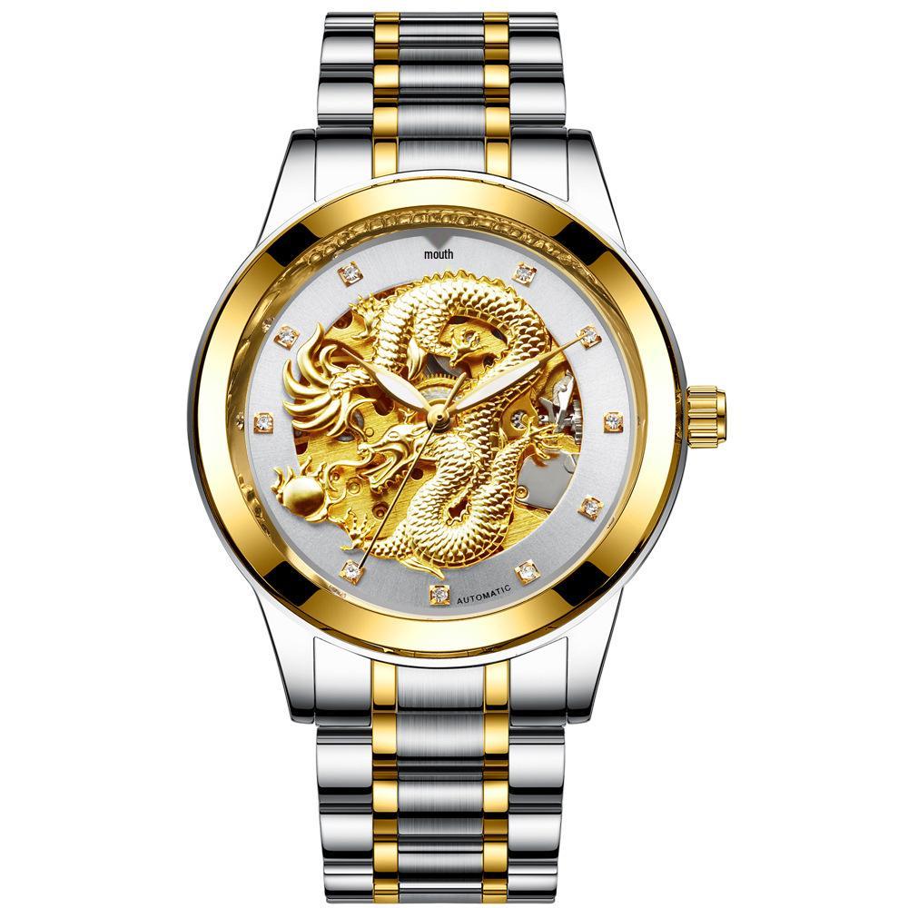 Modun Men's Gold Dragon Pattern Automatic Skeleton Watch with Genuine Leather Strap and Waterproof Multifunctionality