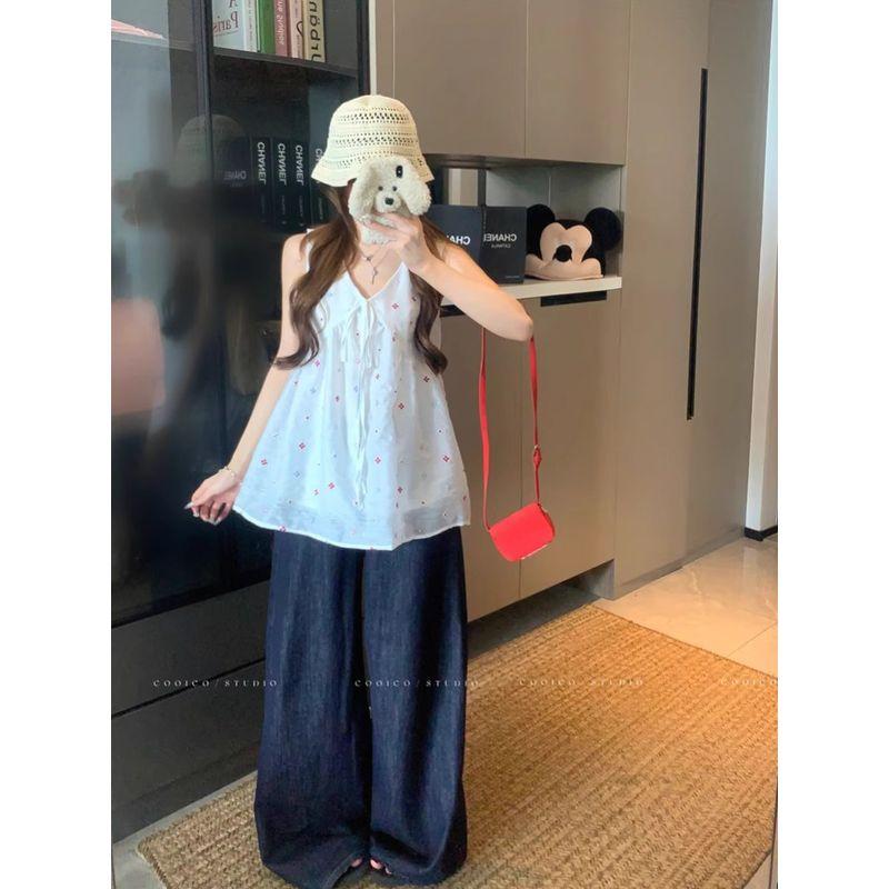 Kumikumi Sweet Style Colorful Flower Embroidery Vest Women clothes Summer Loose Slimming Milky White Sleeveless Top