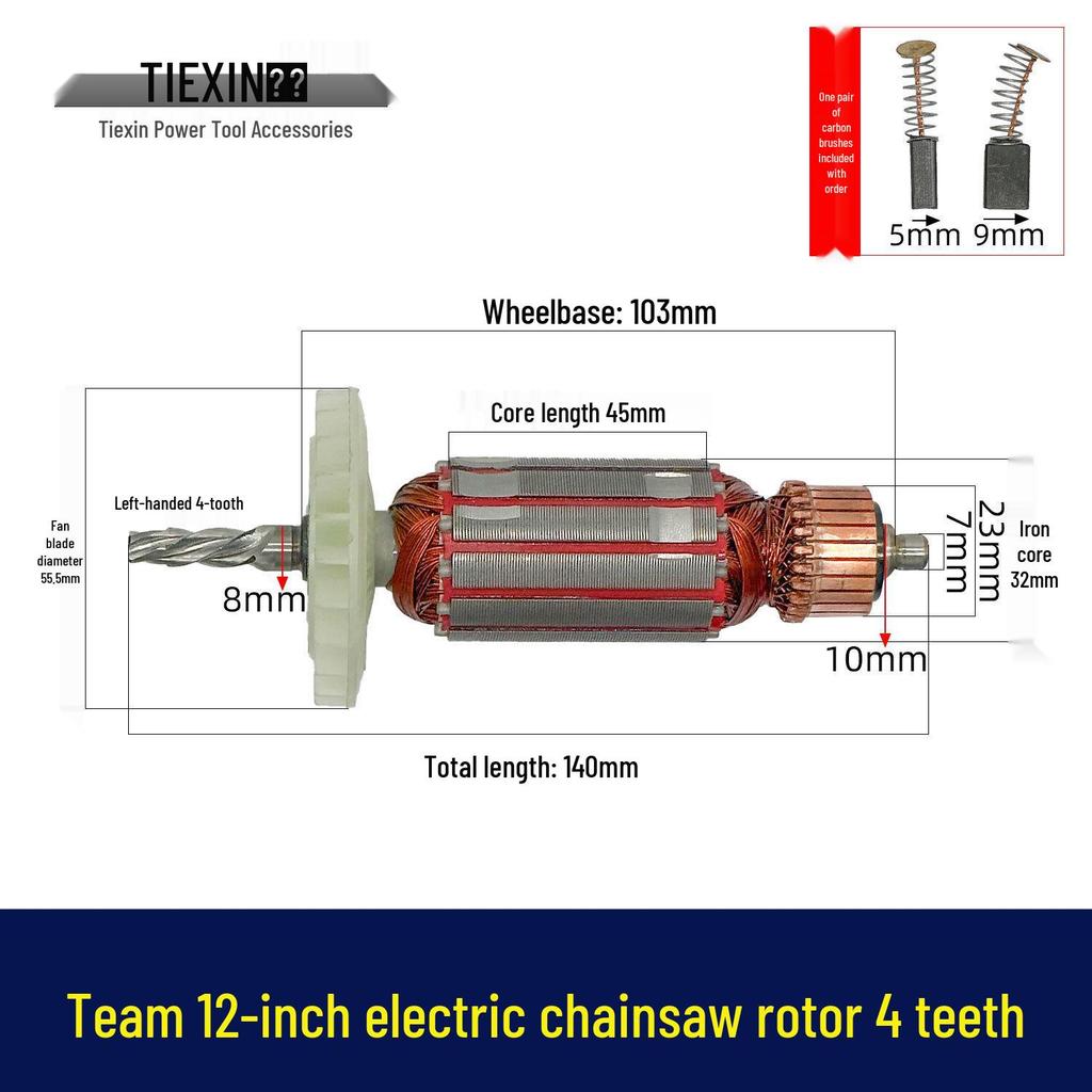 12-inch Electric Chainsaw 4-Tooth Rotor with Carbon Brushes, Compatible with 16-inch Chainsaw Motor, Part 04476.