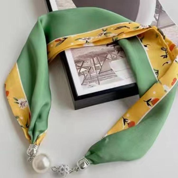 Live Season Magnet Buckle Silk Scarf Women'S Pearl Necklace Long Silk Scarf Headband Decorative Small Scarf