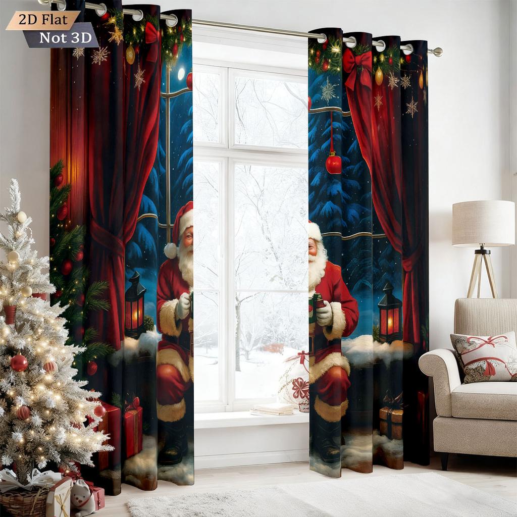 2pcs Merry Christmas   Santa Claus print   perforated blackout curtains   multi size living room insulation   holiday decoration