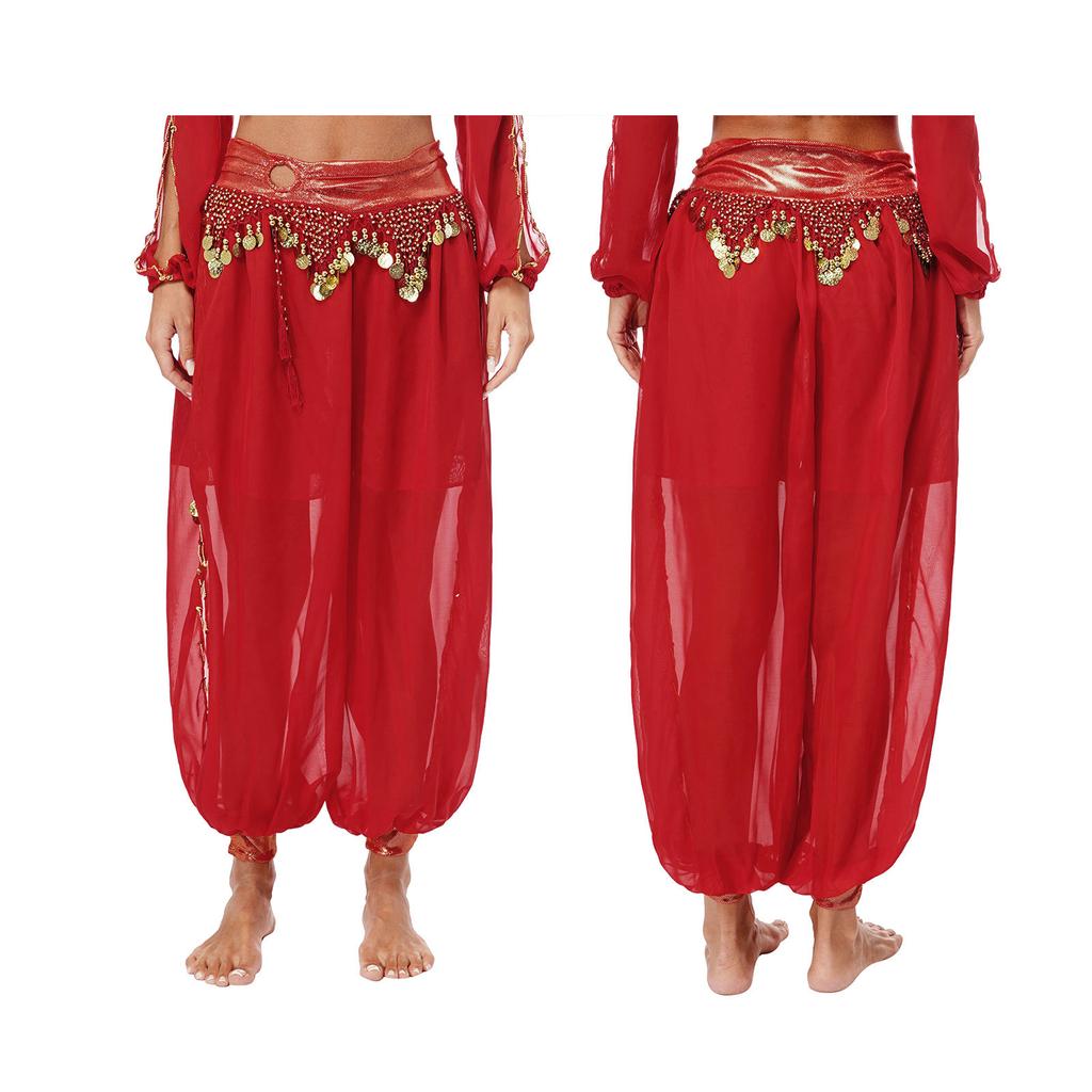 Women's Belly Dance Harem Pants Shiny Sequin Tassel Trouser Arabic Performance Loose Pants