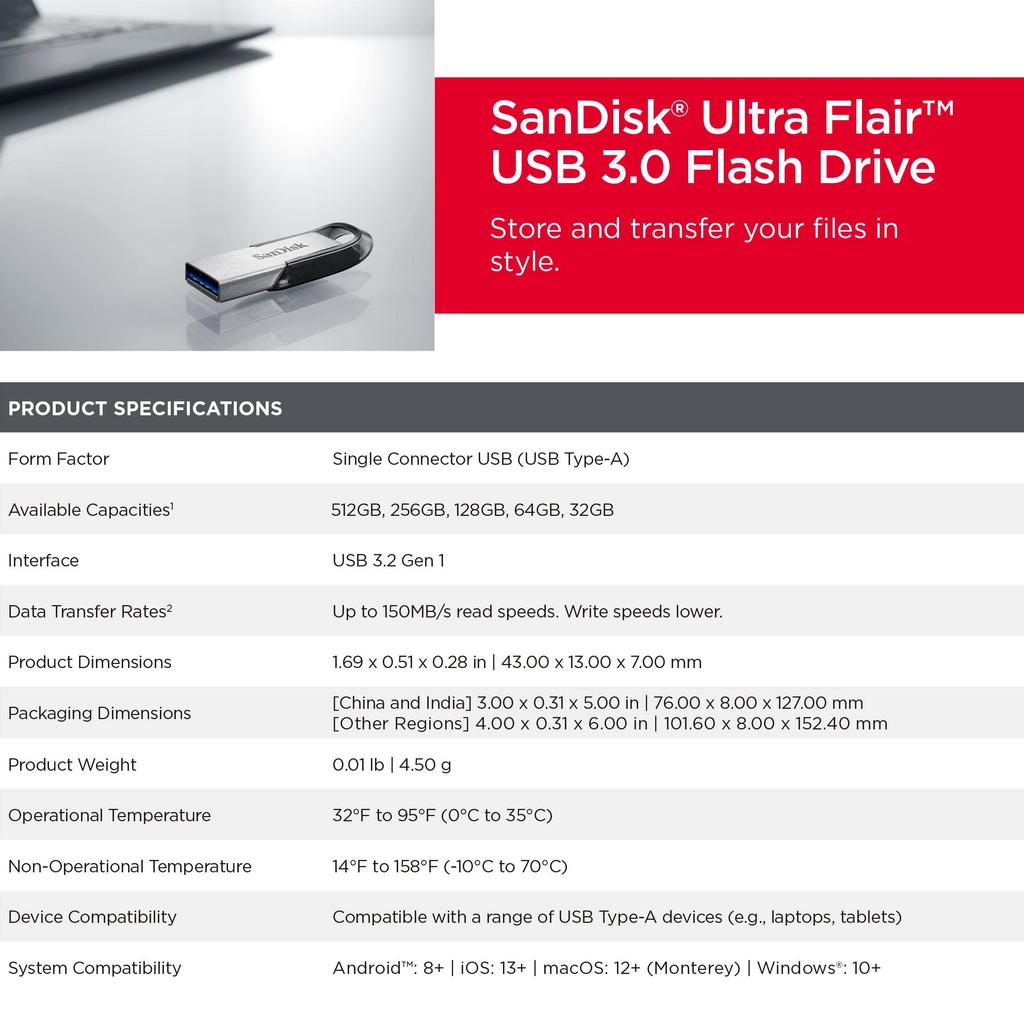 SanDisk 128GB USB 3.0 Flash Drive Read Up To 150MB/s Ultra Flair USB 3.0 Pendrive 32GB 64GB 256GB 512GB USB Flash Original Memory Stick U Disk CZ73