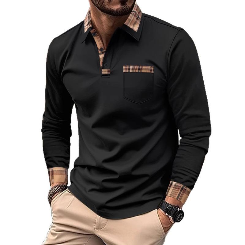 Men's Casual Turn Down Collar Plaid Patch Pocket Polo