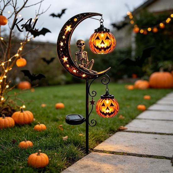 Halloween Gift for Garden Lovers Solar Metal Stake Light, Auto On/Off Crescent Moon Black Cat with Hanging Autumn Path Lighting Pumpkin