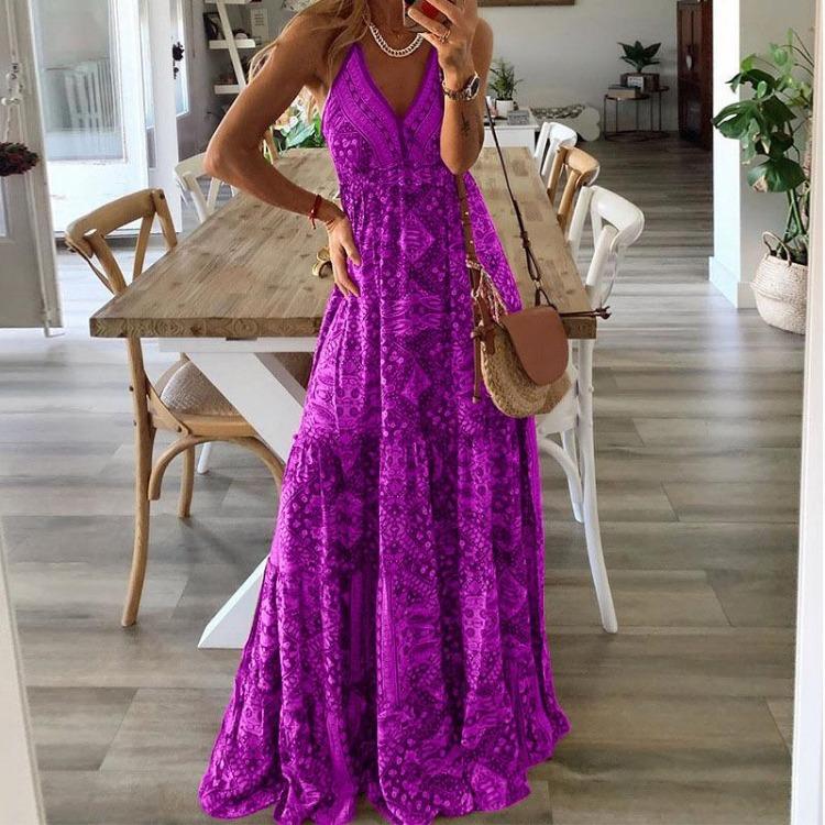 Women's Bohemian Floral Printed V-neck Long Skirt High Waisted Camisole Dress New Style
