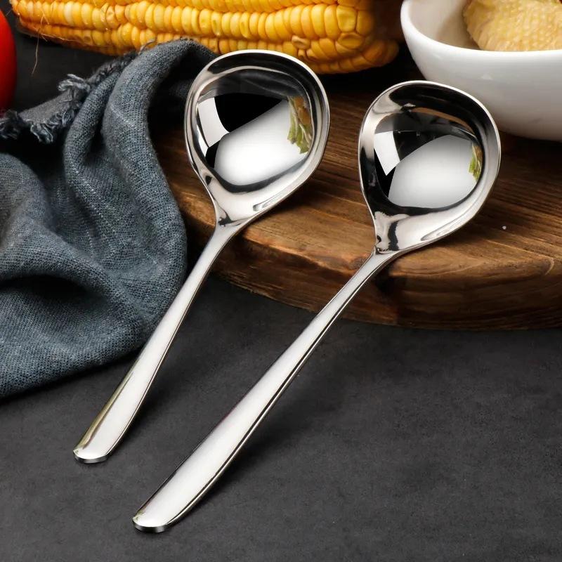 1PC Stainless Steel Soup Spoon Thickened Long Handle Commercial Household Soup Large Soup Watermelon Round Spoon