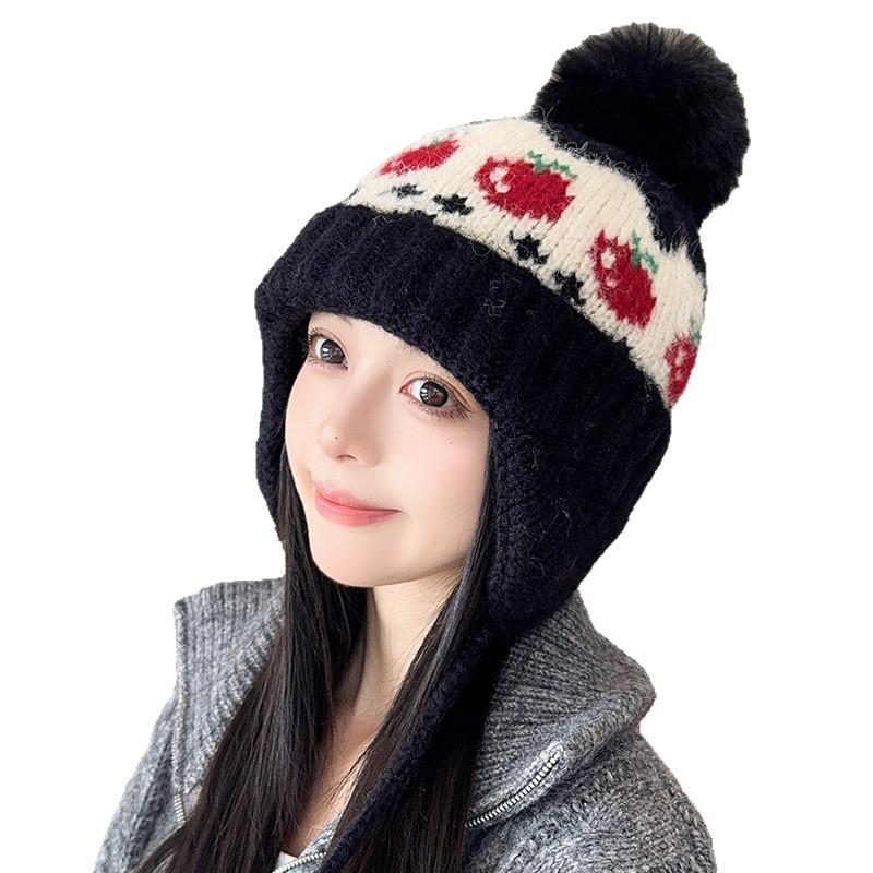 Autumn and Winter New Fair Isle Style Hat for Women Wool Ball Ear Protection Woolen Hat  Small Face  Warm Knitted Cold Hat  Trendy