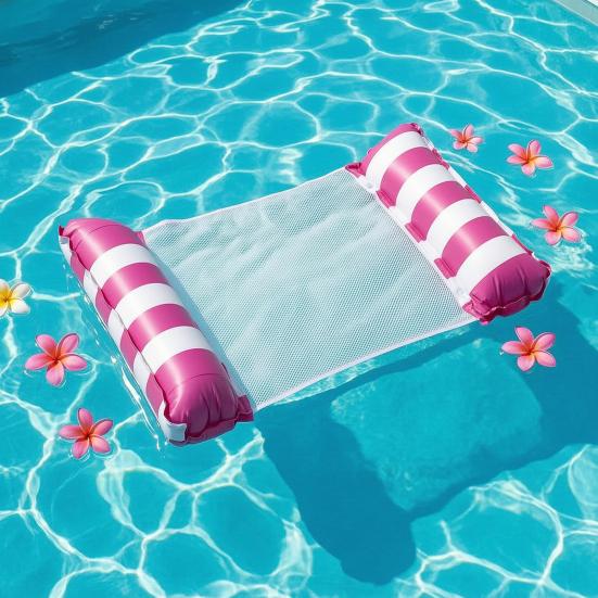 Galleggiante gonfiabile pieghevole per piscina con poggiatesta a righe, taglia estiva per adulti, amaca acquatica, 2 camere d'aria, sedia sdraio galleggiante per piscina, spiaggia, lago