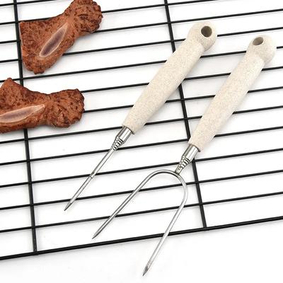 Outdoor BBQ Stainless Steel Telescopic Barbecue Fork U-shaped Wooden Handle Barbecue Meat Barbecue Skewers
