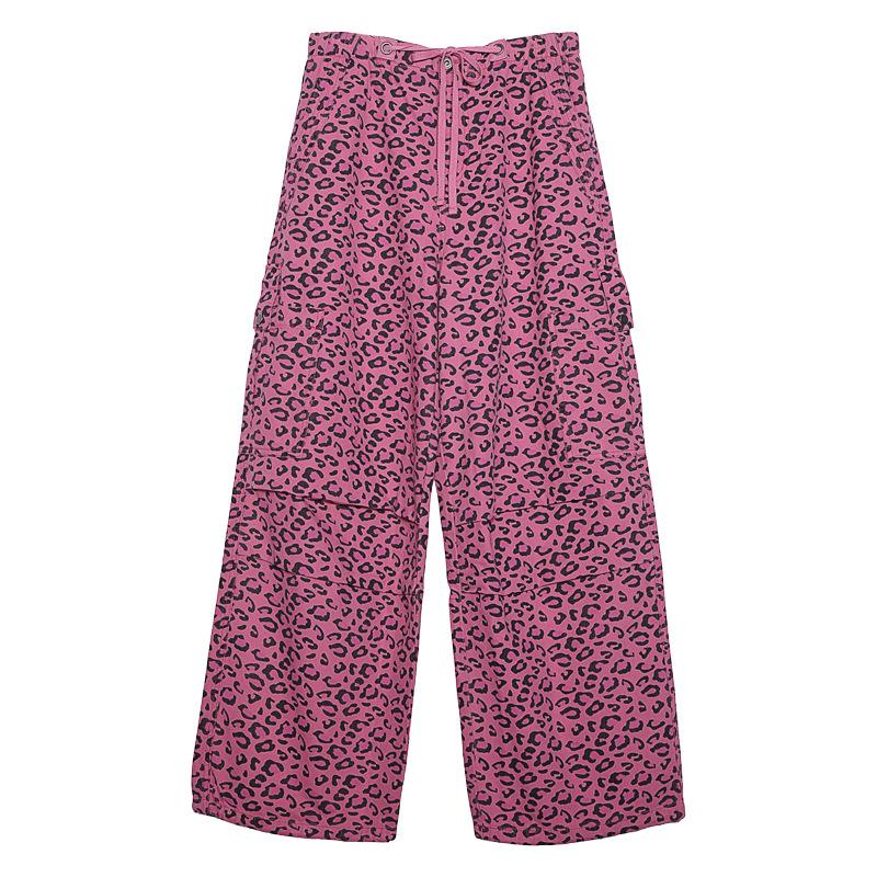 Tuogu Leopard Print Wide-Leg Parachute Jeans: Trendy, Versatile, Casual Women s Fashion. Small