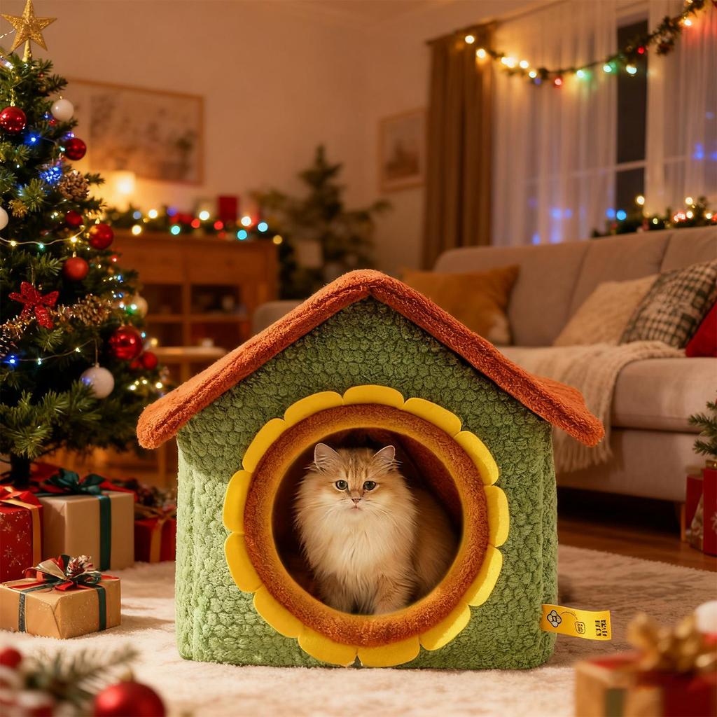 winter Sunflower warm cat bed Washable puppy bed enclosed cat house cave foldable detachable cats sleeping bed with door curtain