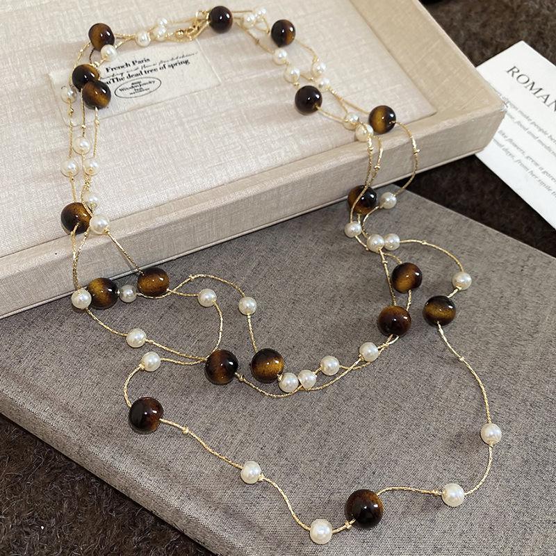 Retro Pearl Tiger Eye Layered Necklace: High-End Fashion Sweater Chain