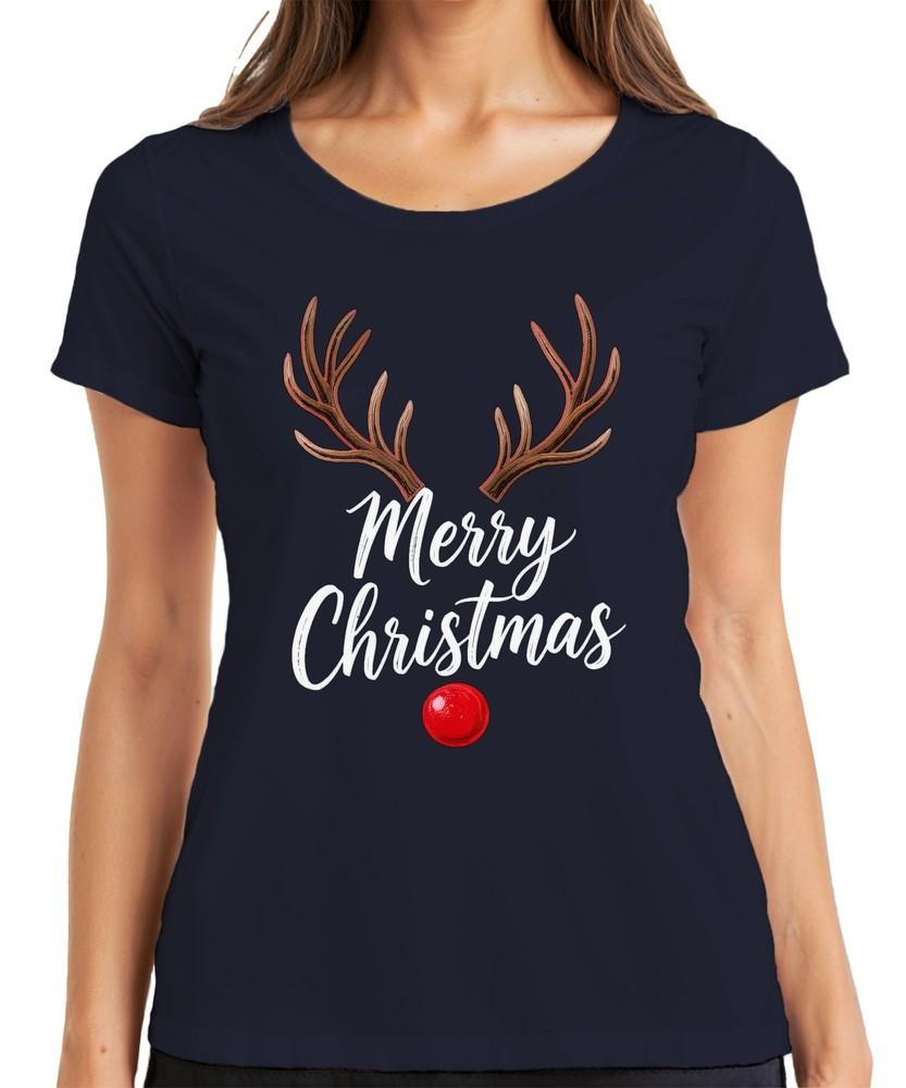 Merry Christmas Reindeer Rudolph Antlers Red Nose Xmas Unisexs Tshirt S