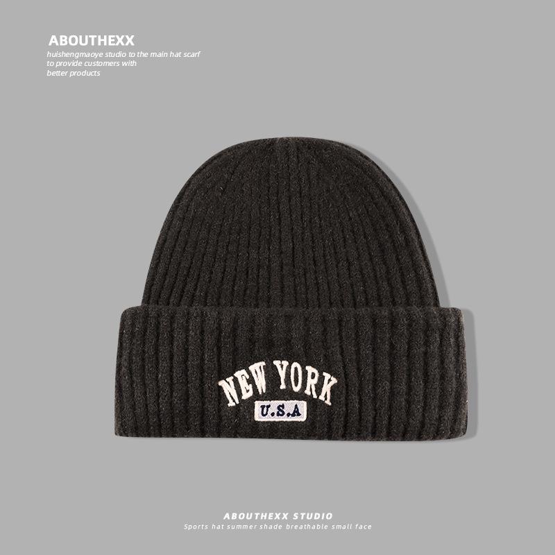 American Retro Letter Embroidery Hat for Women Autumn and Winter Warm Knitted Hat  Face Showing Small Woolen Hat  Men's Pullover Cold Hat Trendy