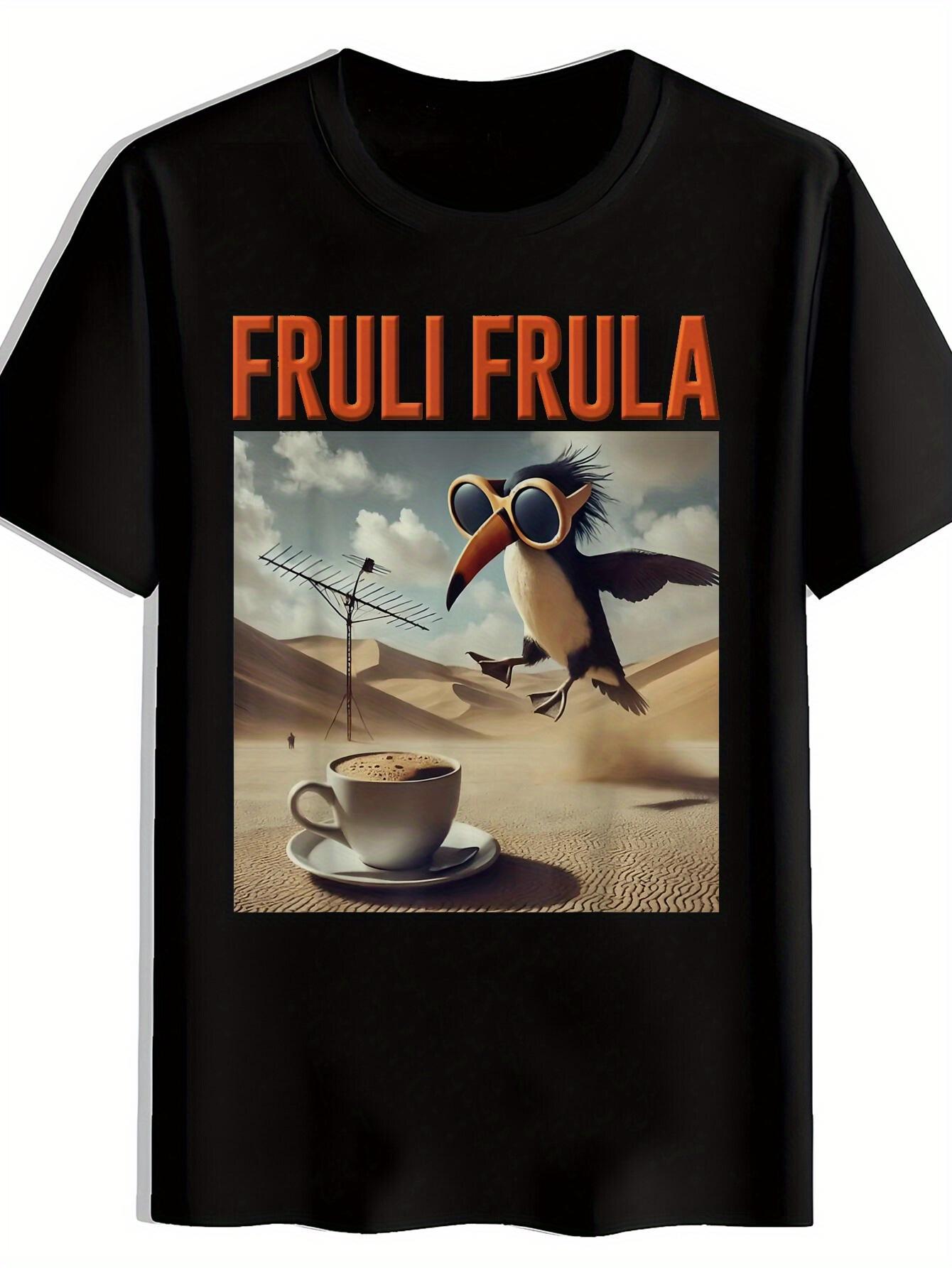 

Casual Graphic T-shirt - Fruit Frula Design with Humorous Bird & Coffee Cup Print XXL