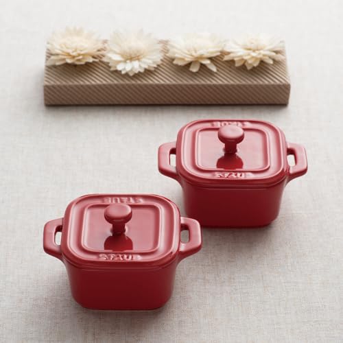Staub "Square Cocotte Pair Cherry, 8cm, Set of 2" Ceramic Heat-Resistant Storage Container, Microwave-Safe [Official Japanese Product] La Cocotte Squa