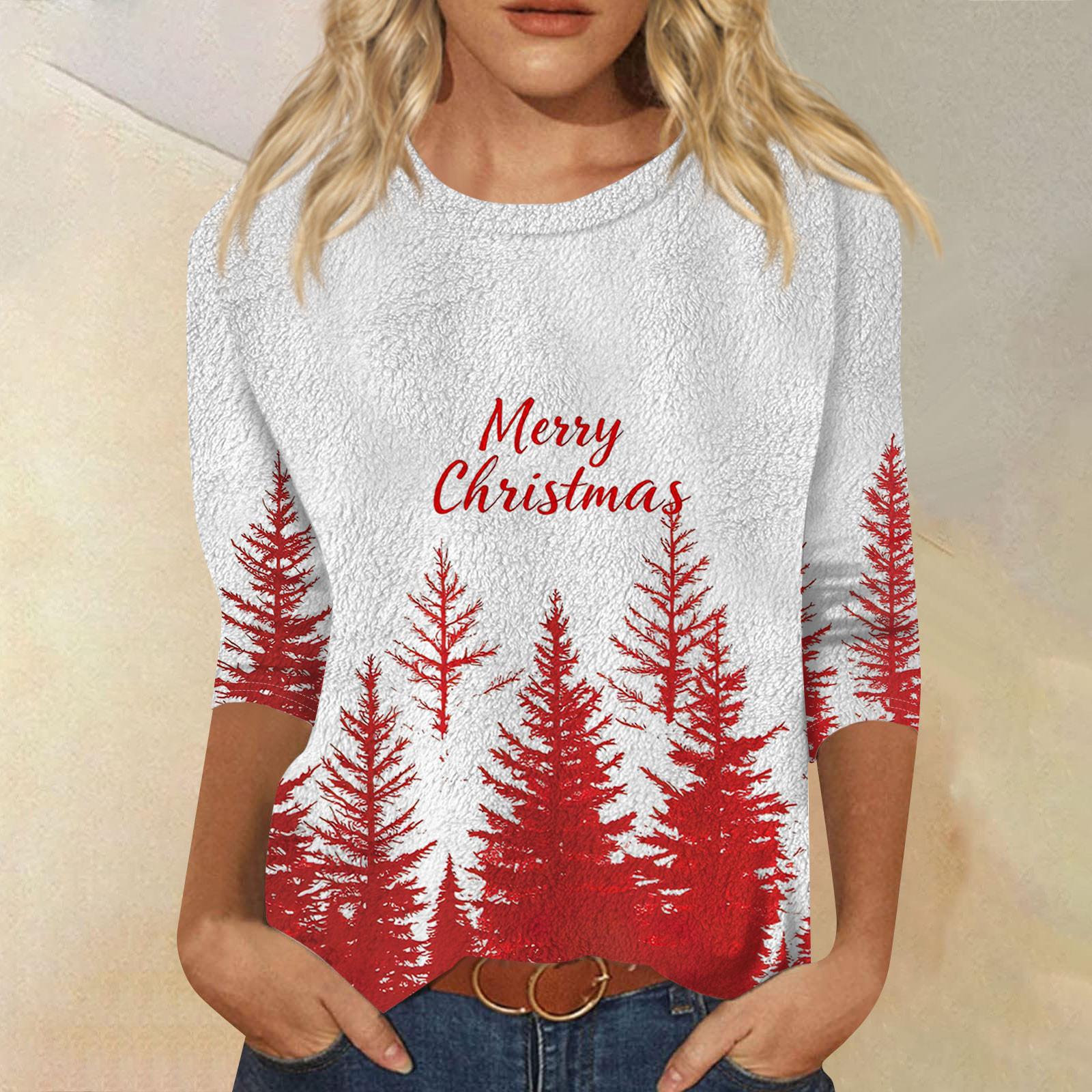 

Женская мода повседневная рубашка с круглым вырезом и рождественским принтом, семь рукавов XL белый