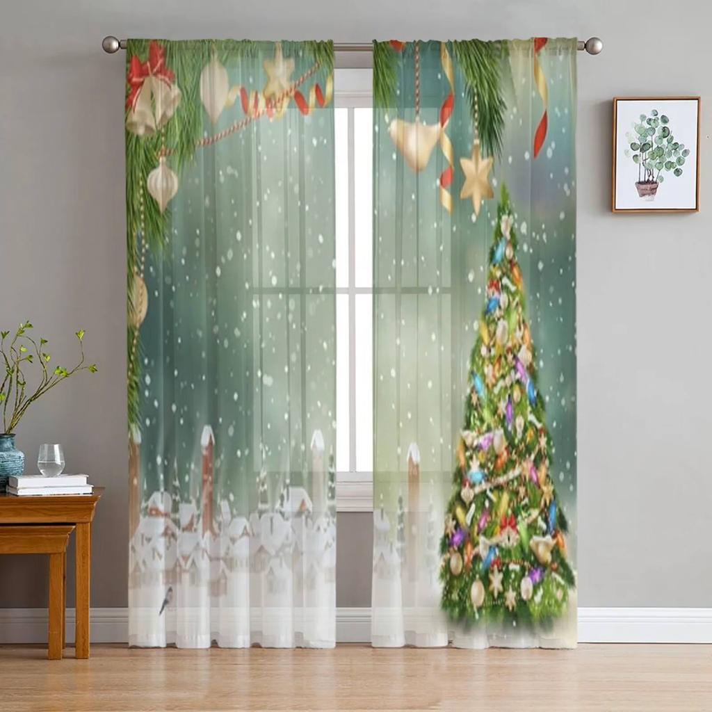 Christmas Tree Print Curtain Bedroom Living Room Cafe Xmas Snowflake Winter Semi Drape Voile Window Treatment Sheer For Sitting Made Of Polyester