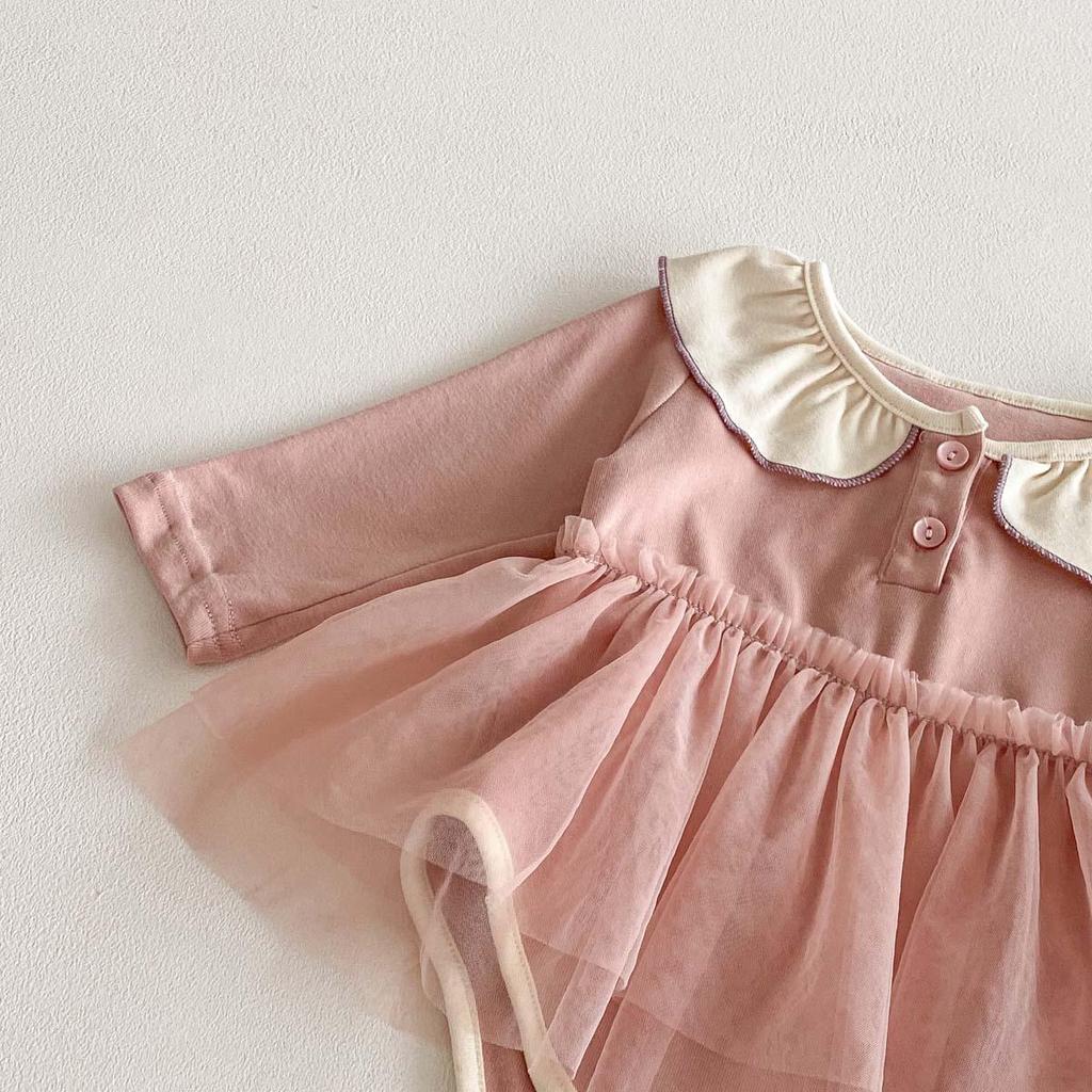 New Autumn Baby Girls' Long Sleeve Romper with Peter Pan Collar Mesh Bodysuit