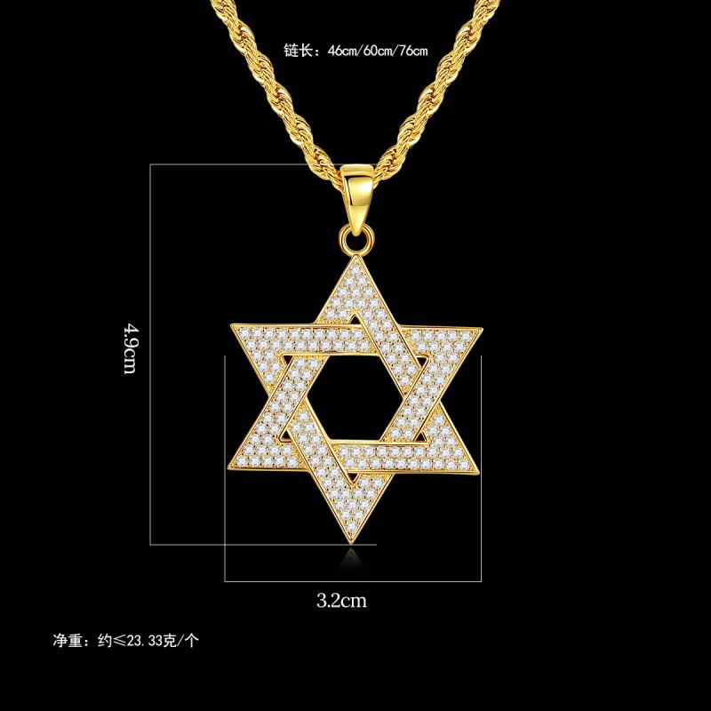 Hip Hop Men Gold Color Plated Jewelry Micro Pave Iced Out Cz Stone Star of David Pendant Hexagram Israel Judaism Necklaces
