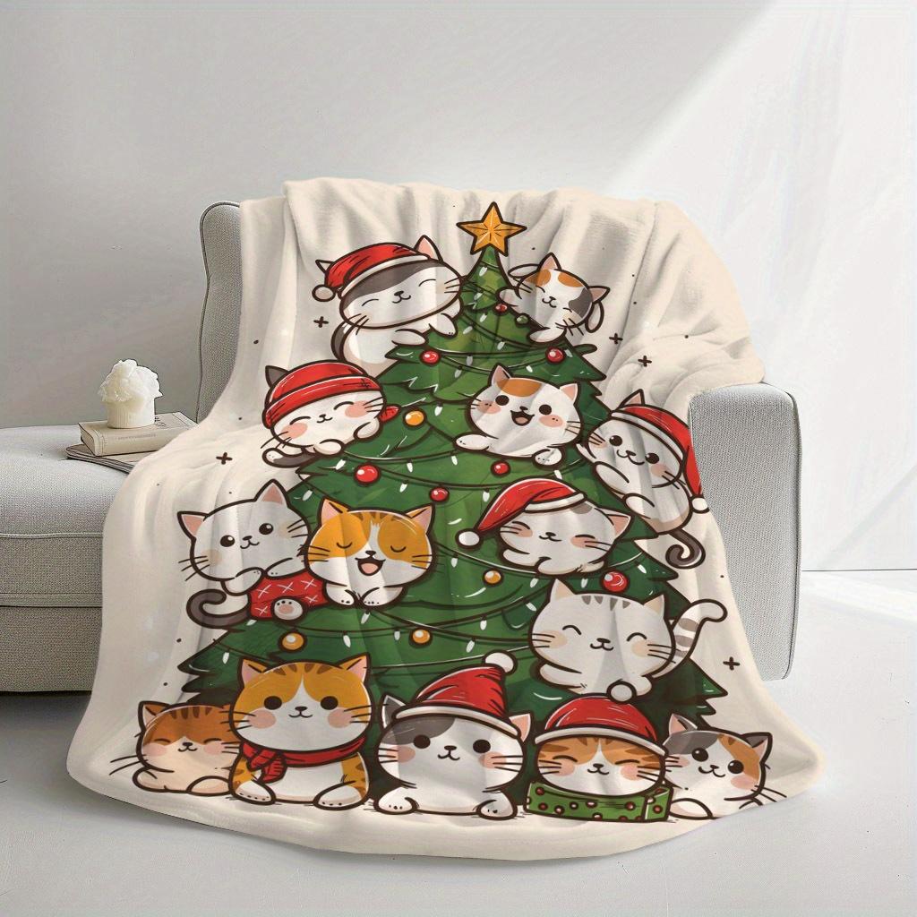 Cozy Christmas Cat Tree Print Flannel Blanket Soft Warm Throw For Naps Travel And Home Decor Holiday Gift For Family And Friends