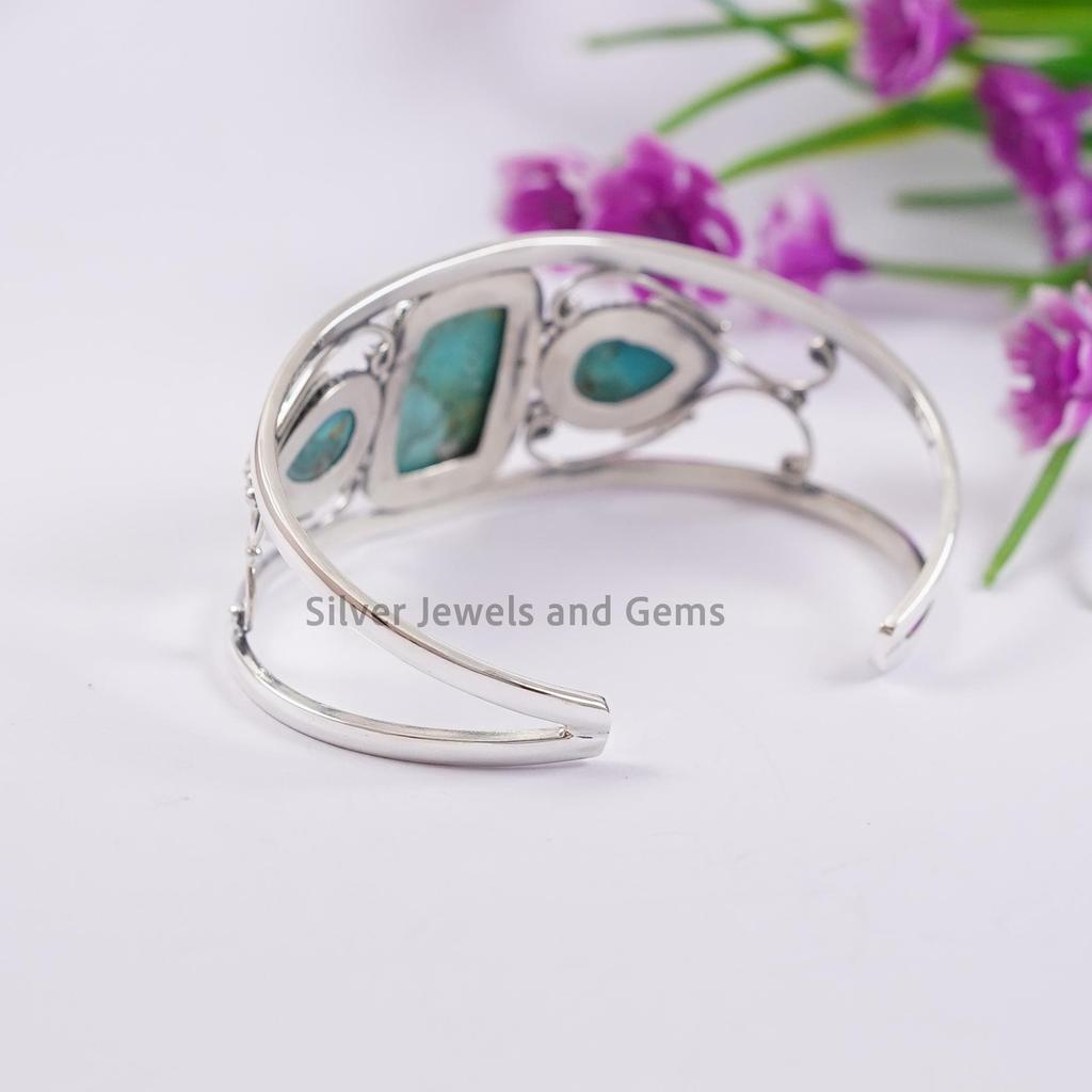 Natural Turquoise Cuff Bracelet, 925 Sterling Silver, 3 Stone Cuff Bracelet, Designer Bracelet, Wedding Bracelet
