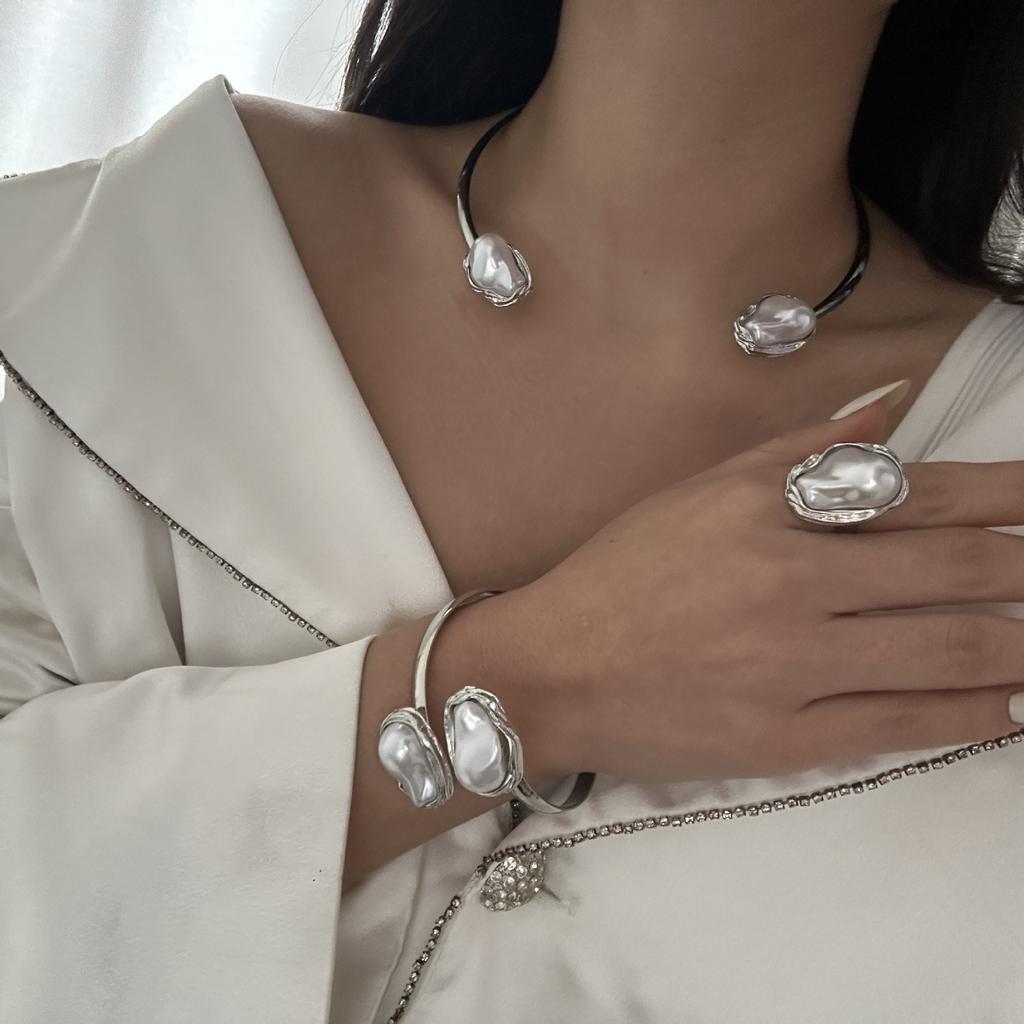 DIEZI French Style Baroque Imitation Zircon Torque Necklace Bangle Ring Set For Women Punk Gold copper Color Clavicle Zircon Set