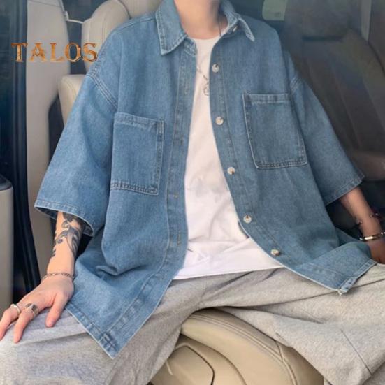 Men Denim Button-down Shirt Short Sleeve Lapel Shirt with Chest Pockets Loose Fit Casual Shirt for Summer Daily Wear Vacation Street