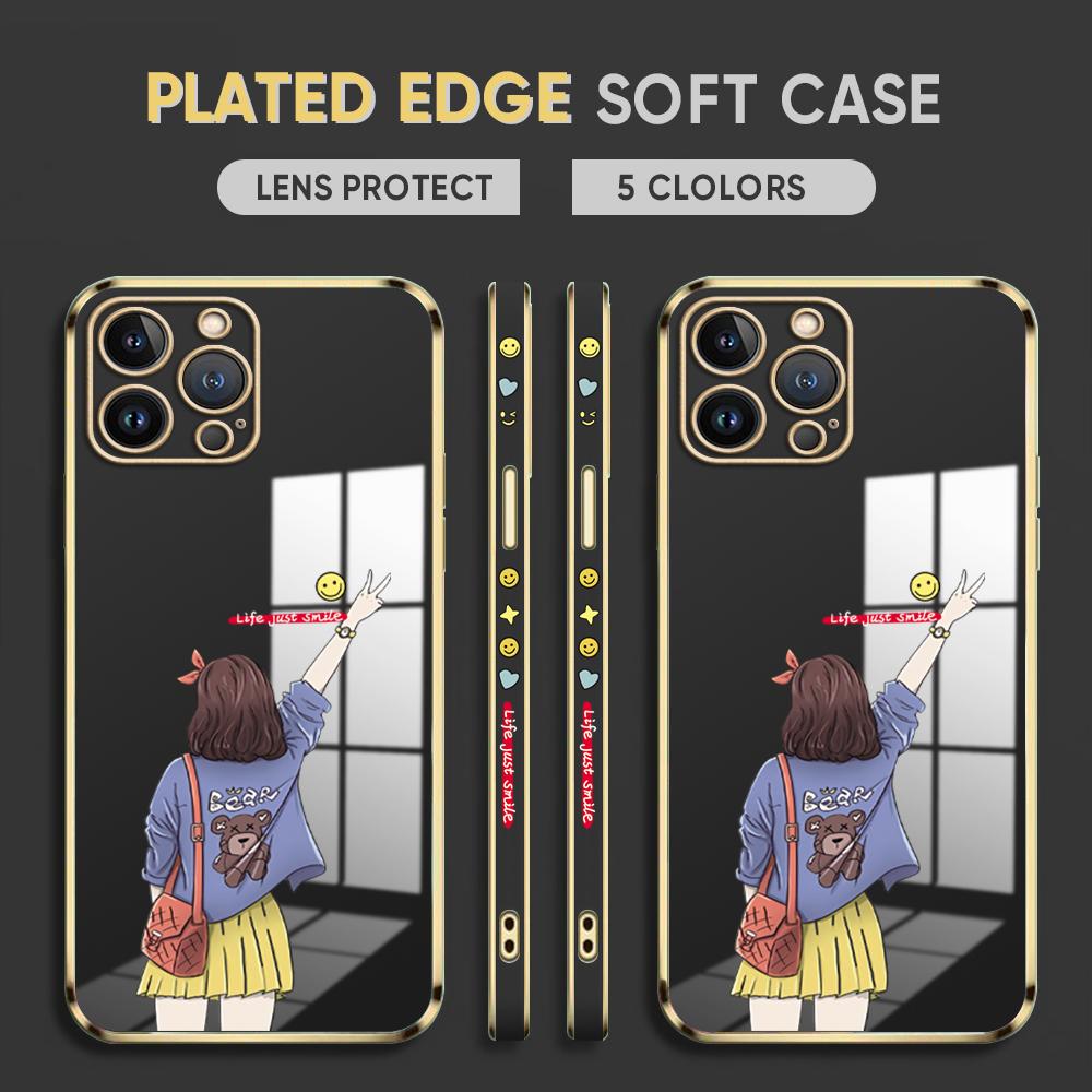 Cartoon Lovely Girl Plating Phone Case for iPhone 11 13 15 Samsung Galaxy A52 Xiaomi Redmi 12C Note 10 Pro Oneplus Soft Smartphone Cover Cases